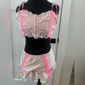 We Are Hah Naughty Lace Trim Bralette and Shorts Set - Pink Size L
